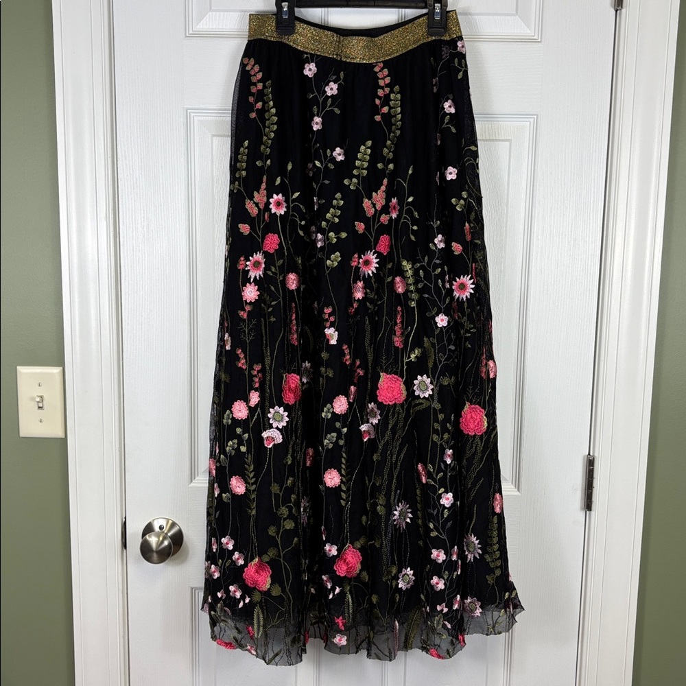 Anthropologie Moulinette Soeurs black floral embroidered maxi skirt sz med - Picture 8 of 8